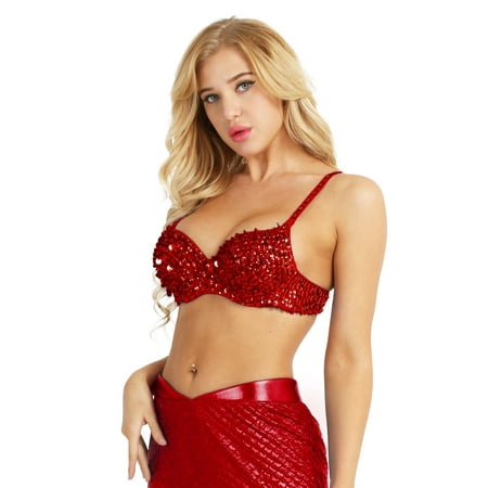 Alvivi Fashion Women's Sequins Glitter Bra Rave Dance Belly Costume Crop Tops Red 34A, 34B