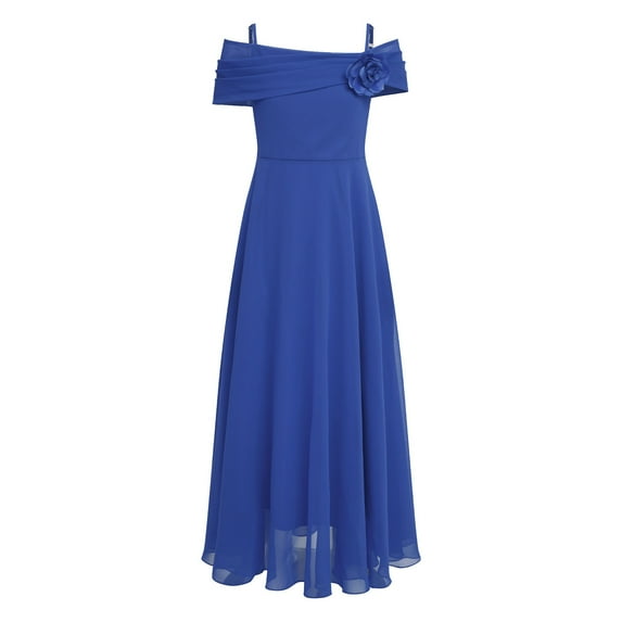 Alvivi Flower Girl 3D Applique Princess Wedding Party Off Shoulder Chiffon Junior Bridesmaid Dress Blue 16