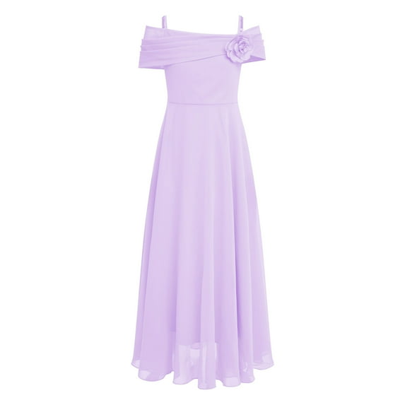 Alvivi Flower Girl 3D Applique Princess Wedding Party Off Shoulder Chiffon Junior Bridesmaid Dress Lavender 6