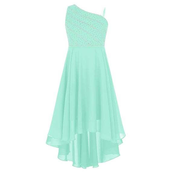 Alvivi Flower Girl One Shoulder Bridesmaid Dress Junior Sleeveless Rhinestones Chiffon Wedding Party Dresses Mint Green 8
