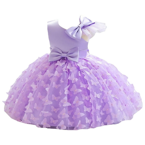 Alvivi Flower Girl Wedding Party Formal Gown Toddler 3D Butterfly Applique Tulle Tutu Princess Dress Lavender 9-12 Months