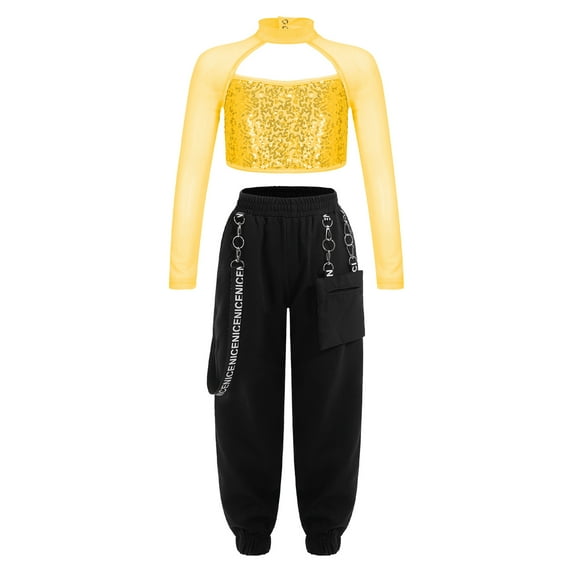 Alvivi Girls 2 Piece Hip-hop Dance Outfits Sequin Long Sleeve Crop Top with Cargo Pants Streetwear Gold 6