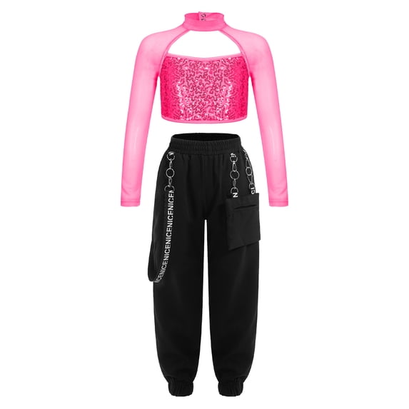 Alvivi Girls 2 Piece Hip-hop Dance Outfits Sequin Long Sleeve Crop Top with Cargo Pants Streetwear Hot Pink 6