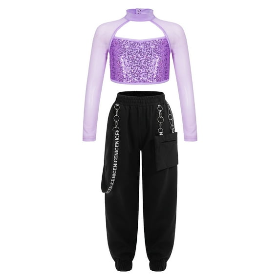 Alvivi Girls 2 Piece Hip-hop Dance Outfits Sequin Long Sleeve Crop Top with Cargo Pants Streetwear Lavender 6