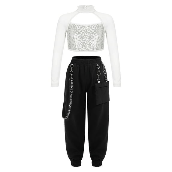 Alvivi Girls 2 Piece Hip-hop Dance Outfits Sequin Long Sleeve Crop Top with Cargo Pants Streetwear Silver 14