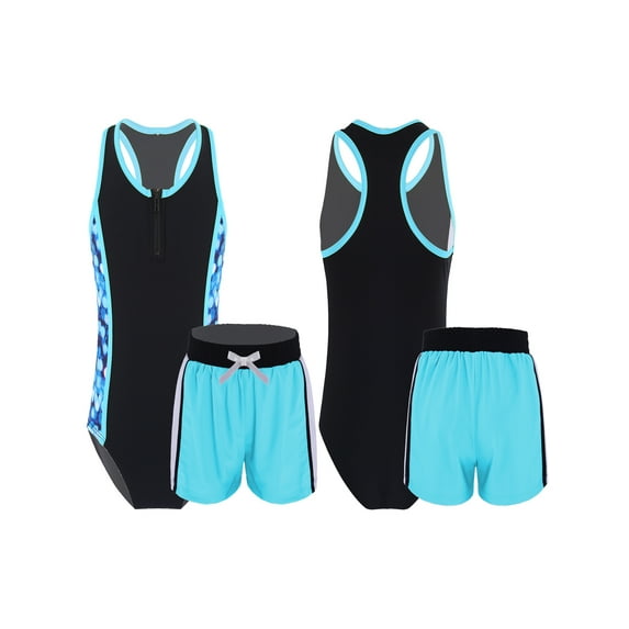 Alvivi Girls 2Pcs Swimwear One-piece Racer Back Jumpsuit Top Boyshorts Swimsuit Set 4-16 Blue 4