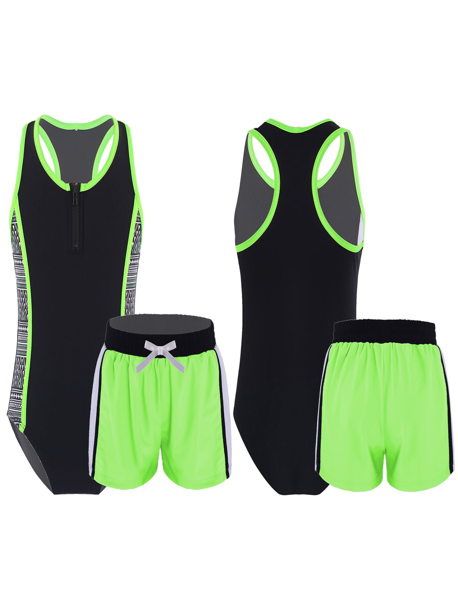 Renvena Girls Activewear Set Crop Top With Booty Short Set Yoga Gymnastics Dance Outfits Swimsuit