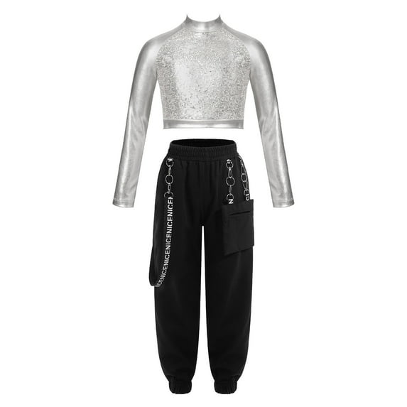 Alvivi Girls 2pcs Sparkle Jazz Hip Hop Dance Outfit Long Sleeve Crop Top with Cargo Pants Set Silver 10