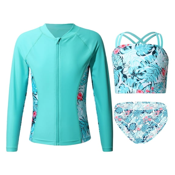 Alvivi Girls 3 Pcs Rash Guard Tankini Set Long Sleeve Swim Shirts Bikini Crop Top with Bottoms Suit Leaf 8