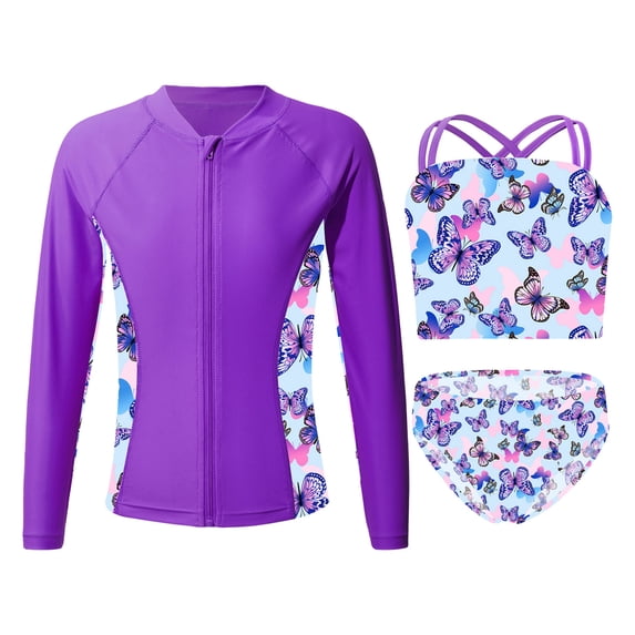Alvivi Girls 3 Pcs Rash Guard Tankini Set Long Sleeve Swim Shirts Bikini Crop Top with Bottoms Suit Purple 10