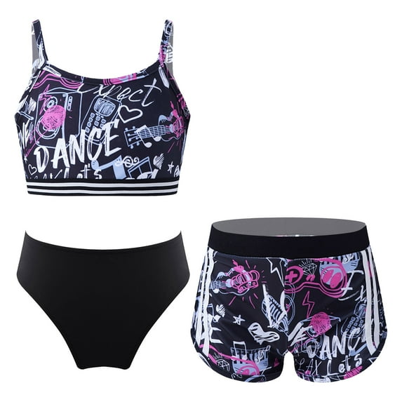 Alvivi Girls 3 Piece Bathing Suit Beach Swimwear Bikini Set with Shorts Athletic Tankini Swimsuits Letters&Black 14