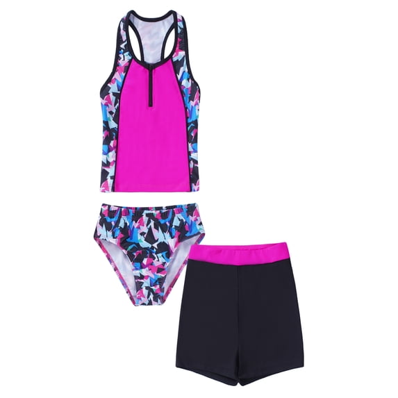Alvivi Girls 3 Piece Tankini Swimsuit Floral Print Top Boyshorts Bottoms Swimwear 4-16