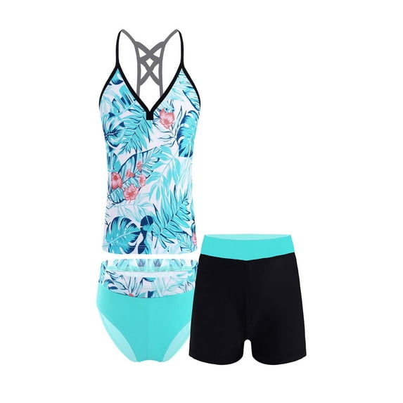 Alvivi Girls 3 Pieces Swimsuit Tankini Printed Crop Top Shorts Briefs Set 4-16