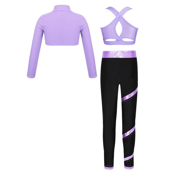 Alvivi Girls 3Pcs Gymnastic Workout Skating Dance Outfits Mock Neck Crop Top with Pants Set Purple 10