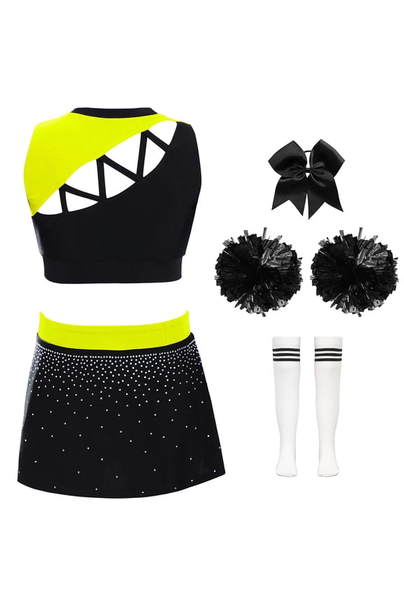 Girls 5 Pieces Cheer Leader Outfit Competition Fancy Dress Up Crop Top+Skirt+Headwear+Flower Balls+Socks A Fluorescent Yellow Black 16