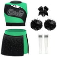 thumbnail image 1 of Alvivi Girls 5 Pieces  Cheer Leader Outfit Competition Fancy Dress Up Crop Top+Skirt+Headwear+Flower Balls+Socks A Green Black 8, 1 of 3
