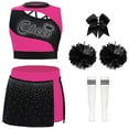 thumbnail image 1 of Alvivi Girls 5 Pieces  Cheer Leader Outfit Competition Fancy Dress Up Crop Top+Skirt+Headwear+Flower Balls+Socks A Hot Pink Black 16, 1 of 3