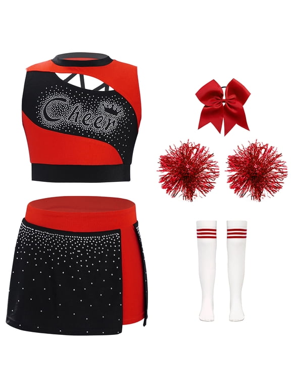 Girls 5 Pieces Cheer Leader Outfit Competition Fancy Dress Up Crop Top+Skirt+Headwear+Flower Balls+Socks B Red 8