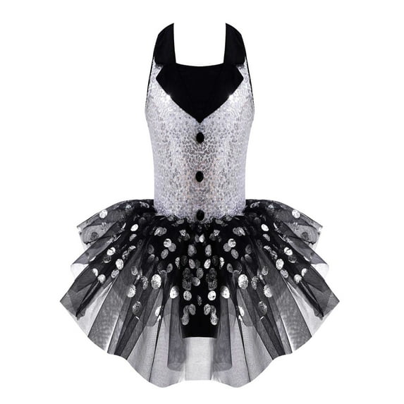 Alvivi Girls Ballet Dance Dress Sequins Polka Dots Print Ballerina Mesh Tutu 6-14 Black 10