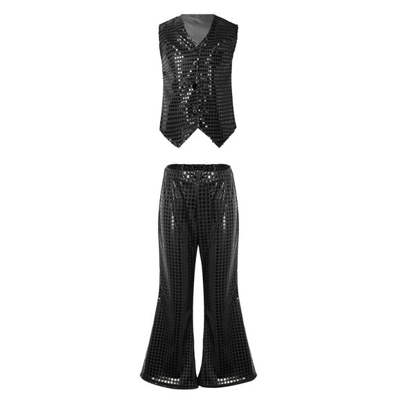 Alvivi Girls Boys Hip hop Jazz Dance Outfits Shiny Vest with Flared Pants Party Performance Costume Black 13-14