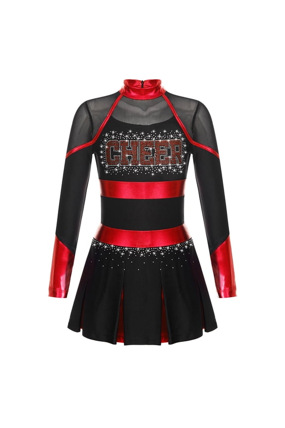 Girls Cheer Leader Costume Halloween Cosplay Dress Up Long Sleeve Rhinestone Dance Dress Black&Red 10
