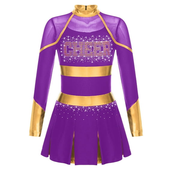 Alvivi Girls Cheer Leader Costume Halloween Cosplay Dress Up Long Sleeve Rhinestone Dance Dress Purple 6