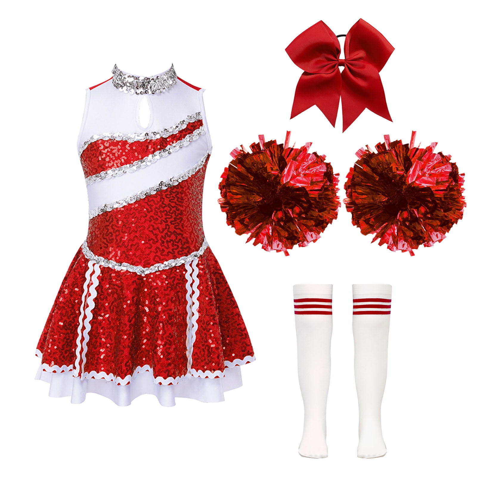Alvivi Girls Cheer Leader Costume Sequins Cheerleading Dress with Pom ...