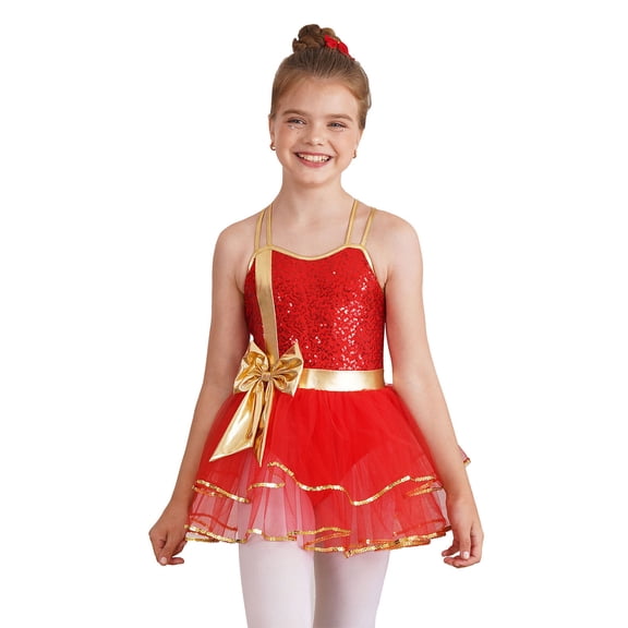 Alvivi Girls Christmas Candy Cane Costume Sleeveless Bowknot Ballet Dance Leotard Dress Red 4
