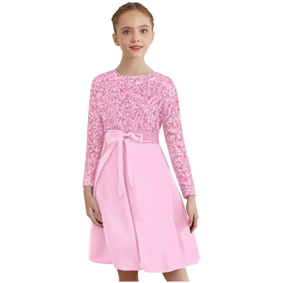 Alvivi Girls Dresses Long Sleeve High Waist A Line Dress For Autumn And Winter Princess Elegant Christmas Birthday Party Wedding Dress Pink 8
