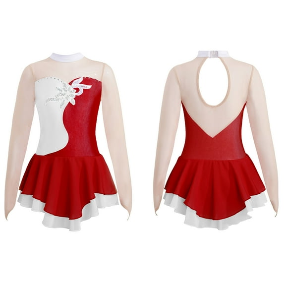 Alvivi Girls Figure Ice Skating Dress Mesh Patchwork Sequins Leotard Dancewear 6-16