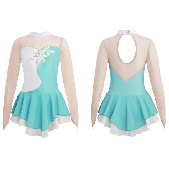 Alvivi Girls Figure Ice Skating Dress Mesh Patchwork Sequins Leotard Dancewear 6-16