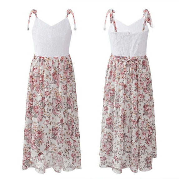 Alvivi Girls Floral Print Dress V Neck Straps Self Tie High-low Hem Dresses 6-16