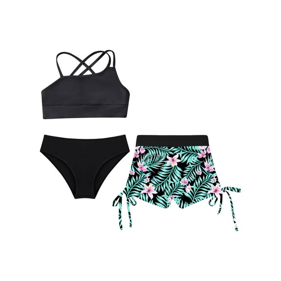 Alvivi Girls Floral Printed Bathing Suit Swimsuits 3 Piece Sports Crop Top Bottom Tankini Swimwear Set Black 8