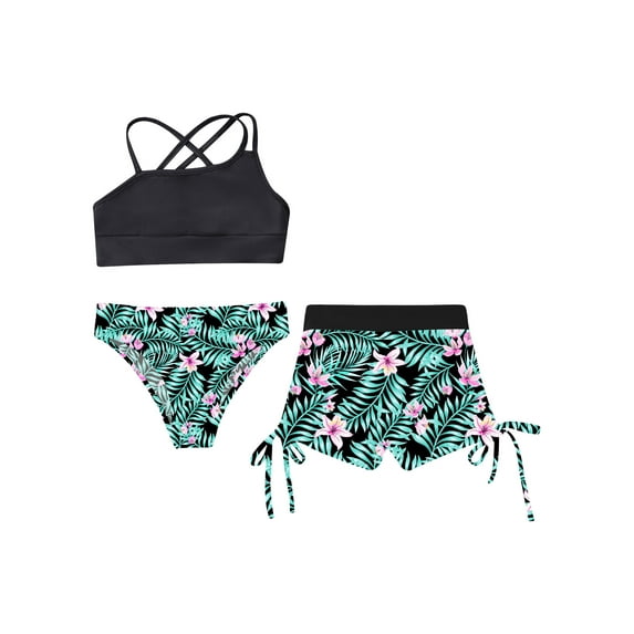 Alvivi Girls Floral Printed Bathing Suit Swimsuits 3 Piece Sports Crop Top Bottom Tankini Swimwear Set Black&Lily 12