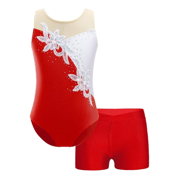Alvivi Girls Gymnastics Dance 2 Piece Outfits Sleeveless Rhinestone Floral Leotard with Shorts Set Tracksuit Red 4