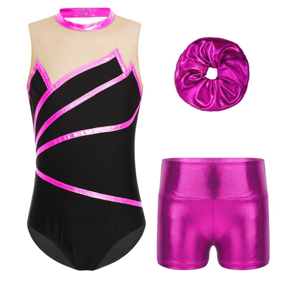 Alvivi Girls Gymnastics Dance Ballet Outfits Kids Sleeveless Mesh Splice Leotard with Shorts Set Hot Pink 10