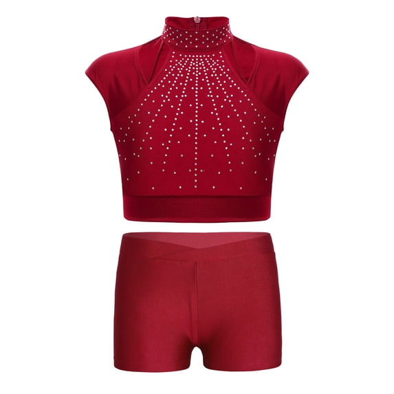 Alvivi Girls Gymnastics Dance Sports 2Pcs Outfits Sleeveless Crop Top with Booty Shorts Set Burgundy 10