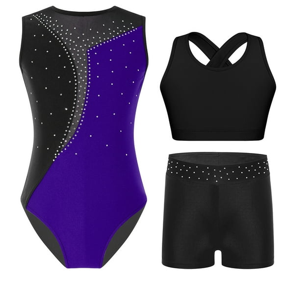 Alvivi Girls Gymnastics Leotard Set 3-Piece Unitards Biketards Outfit for Dance Tumbling Activewear Purple 6