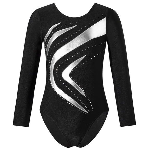 Alvivi Girls Gymnastics Leotards One Piece Sparkle Wave Long Sleeve Ballet Athletic Dance Bodysuit Silver 4
