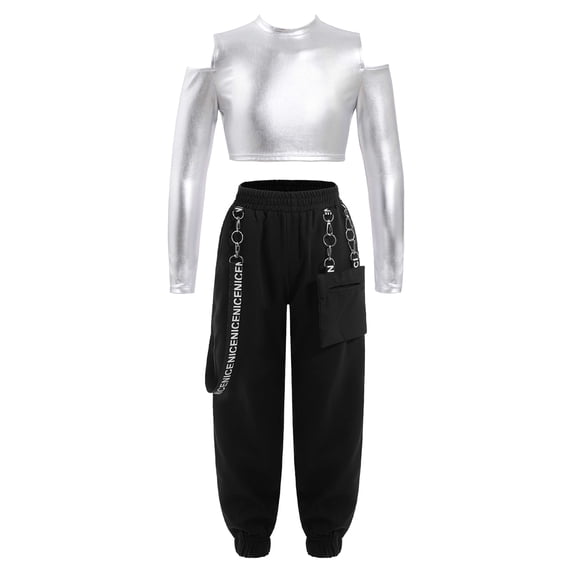 Alvivi Girls Hip Hop Clothes Crop Tops with Jogger Pants Set 2 Piece Jazz Dance Outfits Silver 8
