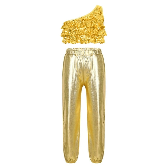 Alvivi Girls Hip Hop Dance Outfits Tiered Ruffle Crop Top with Pants Set Stage Performance Costume Gold 10