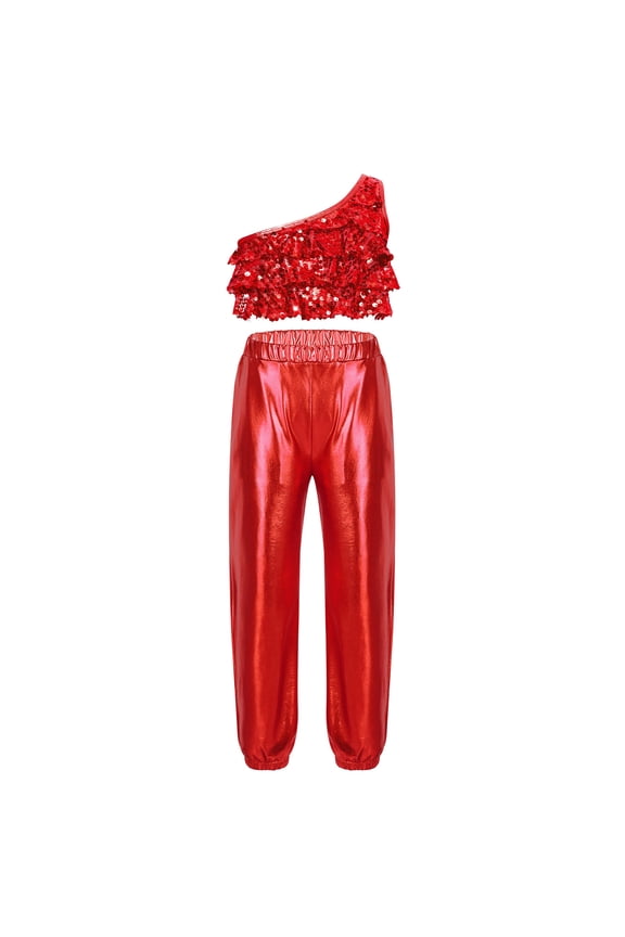 Girls Hip Hop Dance Outfits Tiered Ruffle Crop Top with Pants Set Stage Performance Costume Red 14