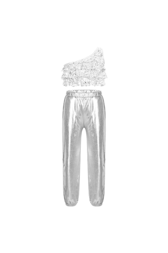 Girls Hip Hop Dance Outfits Tiered Ruffle Crop Top with Pants Set Stage Performance Costume Silver 6