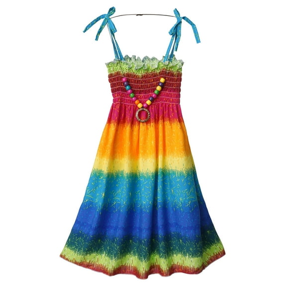 Alvivi Girls Kids Bohemian Dresses Floral Sleeveless Rainbow Beach Sundress with Necklace Rainbow Color 8-10