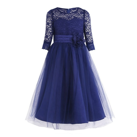 Alvivi Girls Kids Floral Lace First Communion Dress Half Sleeves Wedding Bridesmaid Pageant Party Gown Dark Blue 10