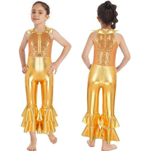 Alvivi Girls Kids Shiny Sequins Bell-bottom Jumpsuit Pants One Piece Dance Bodysuit Unitard Costume Gold 8