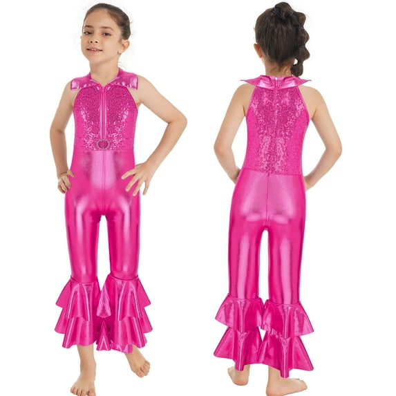 Alvivi Girls Kids Shiny Sequins Bell-bottom Jumpsuit Pants One Piece Dance Bodysuit Unitard Costume Hot Pink 14
