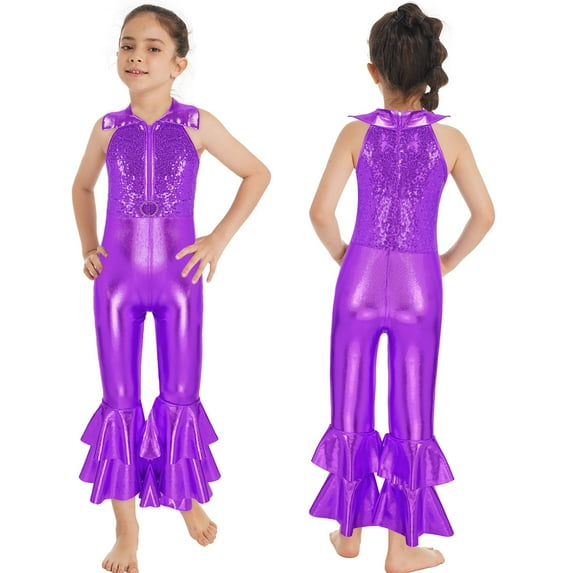 Alvivi Girls Kids Shiny Sequins Bell-bottom Jumpsuit Pants One Piece Dance Bodysuit Unitard Costume Purple 10