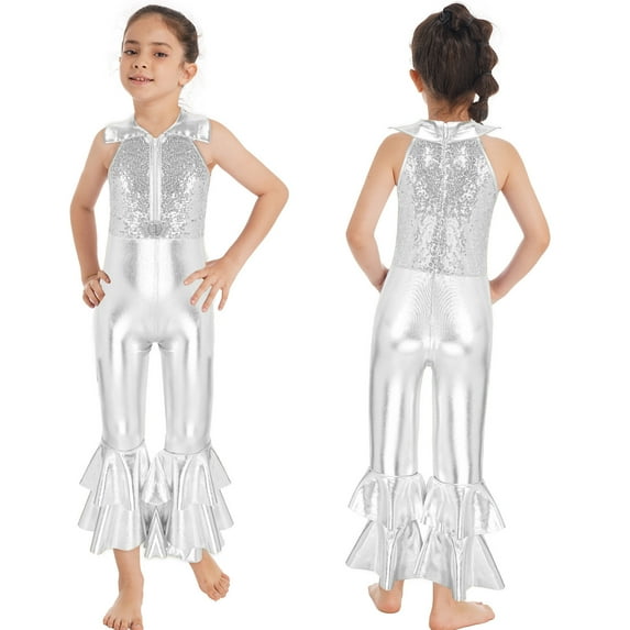 Alvivi Girls Kids Shiny Sequins Bell-bottom Jumpsuit Pants One Piece Dance Bodysuit Unitard Costume Silver 12