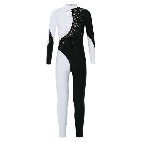Alvivi Girls Kids Sparkle Diamond Jumpsuit Unitards Long Sleeve Full Length Gymnastic Bodysuit Black&White 8